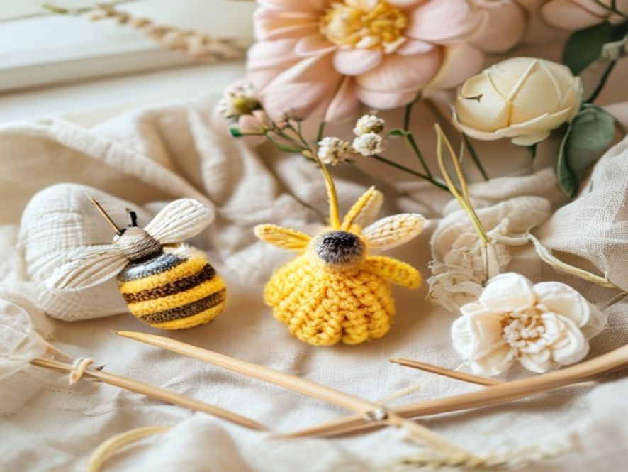 Handmade crochet bouquet, yarn ball and bee
